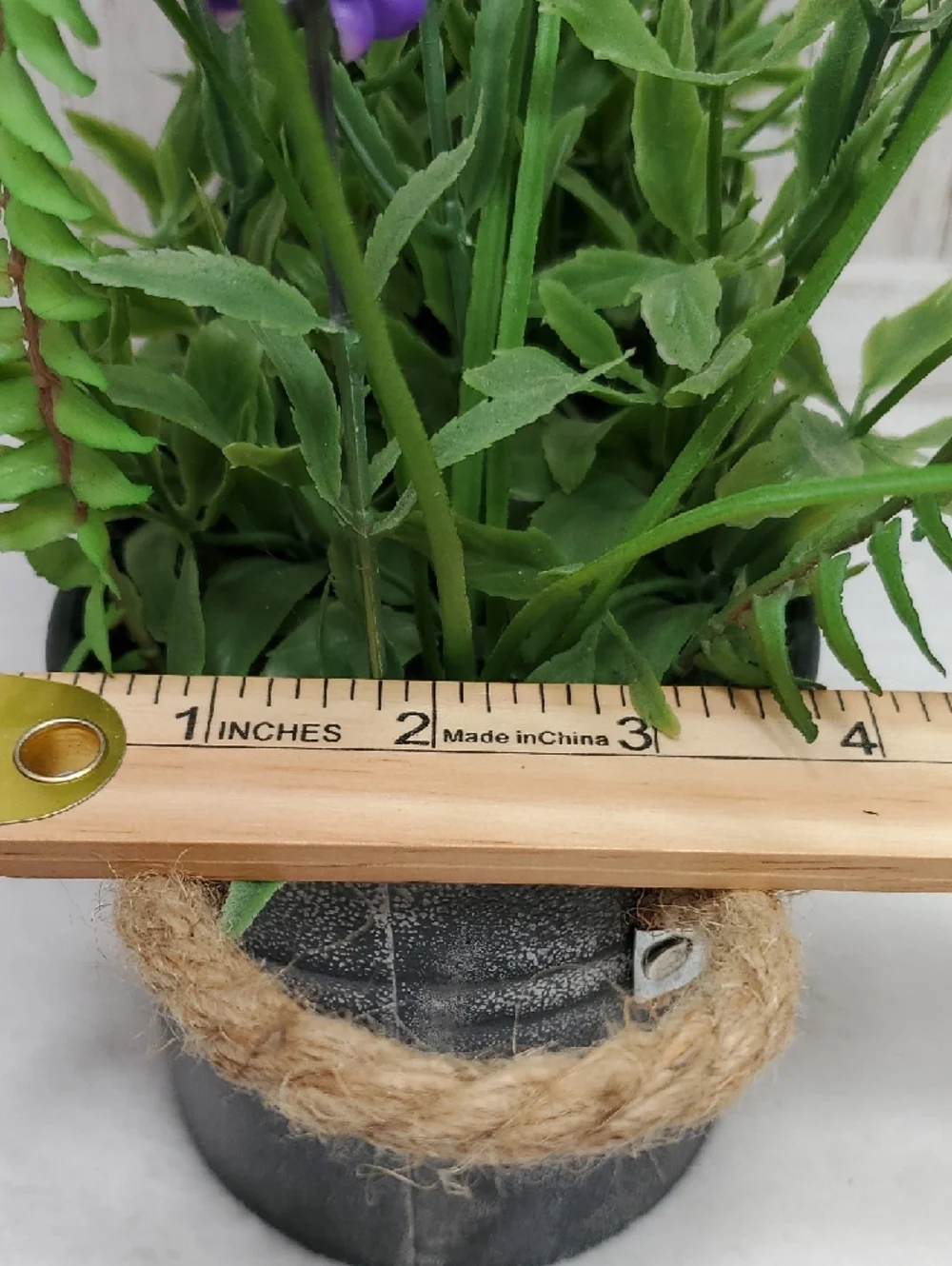 Faux Floral Lavender Fern Arrangement in Metal Planter with Rope Handles